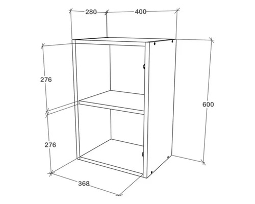 Desen tehnic al unui dulap suspendat cu raft și dimensiuni indicate