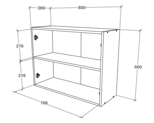 Desen tehnic al unui dulap de perete cu două compartimente deschise și indicații de dimensiuni.