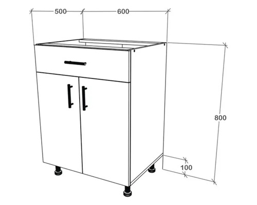 Desen tehnic al unui dulap inferior cu sertar și două uși, dimensiunile sunt indicate