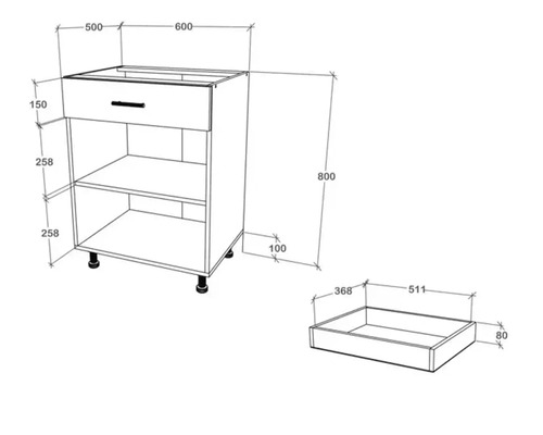 Desen tehnic al unui dulap inferior cu sertar și raft, inclusiv dimensiuni
