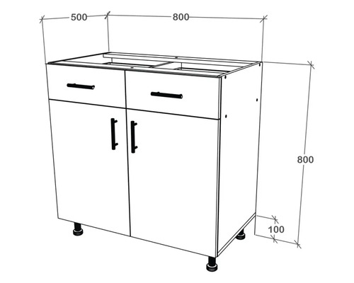 Desen al unui dulap de bază pentru lavoar cu sertare și uși, inclusiv dimensiuni