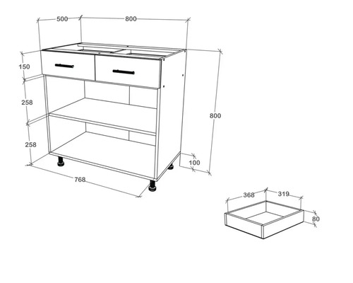 Desen tehnic al unui dulap de bază pentru lavoar cu sertare și rafturi, inclusiv dimensiuni