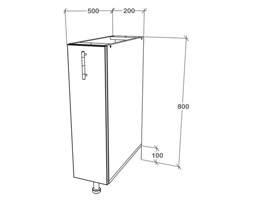 Desen tehnic al unui dulap de bază pentru lavoar de baie cu dimensiunile de 500, 200, 800 și 100 milimetri.