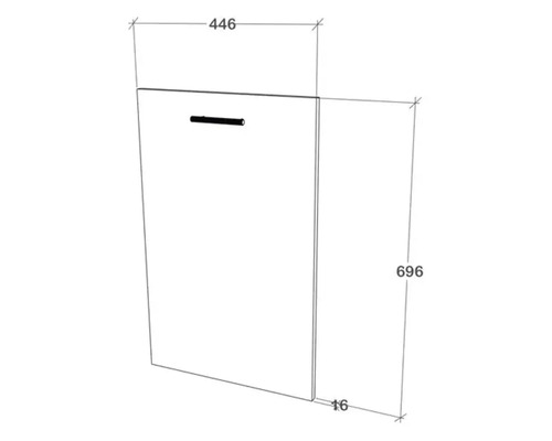 Desen tehnic al unui dulap de baie cu dimensiunile 446 x 696 x 16 mm.