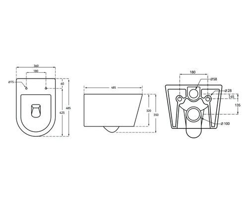 Desen tehnic al unui vas de toaletă cu dimensiuni