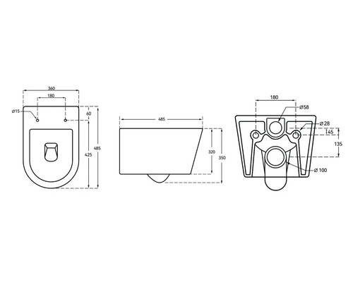 Desen tehnic al unui WC suspendat cu dimensiuni