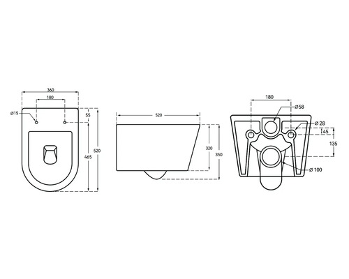 Desen tehnic al unui vas de toaletă suspendat cu dimensiuni
