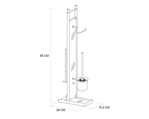 Schiță a unui suport de hârtie igienică independent cu perie de toaletă, înălțime 85 cm, lățime 28 cm, adâncime 15,5 cm
