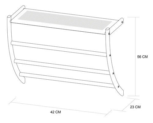 Raft de perete cu trei bare și suprafață de depozitare, dimensiuni 56 x 42 x 23 cm