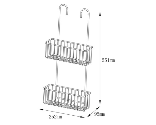 Imaginea unui raft de duș cu două suprafețe de depozitare și indicații de dimensiune.