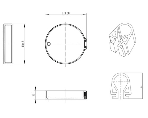 Desen tehnic al unui capac rotund și al unei cleme de tub cu dimensiuni