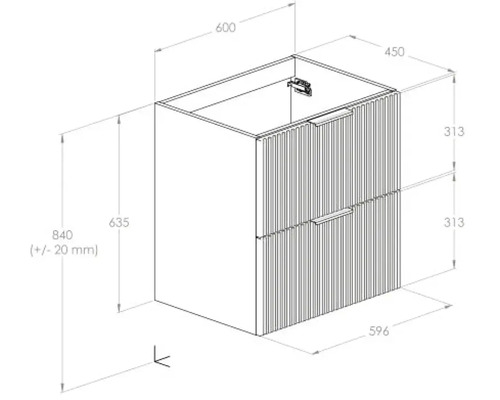 Desen tehnic al unui dulap sub chiuvetă cu dimensiuni