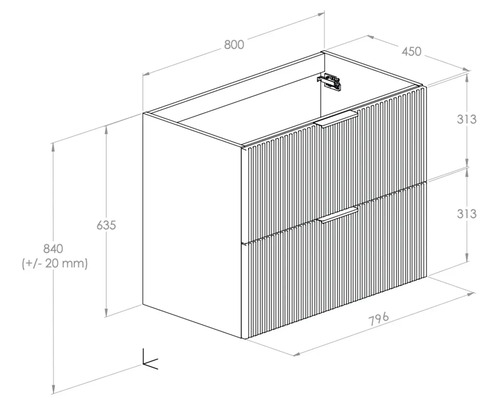 Desen tehnic al unui dulap de bază pentru lavoar cu sertare și specificații de dimensiuni