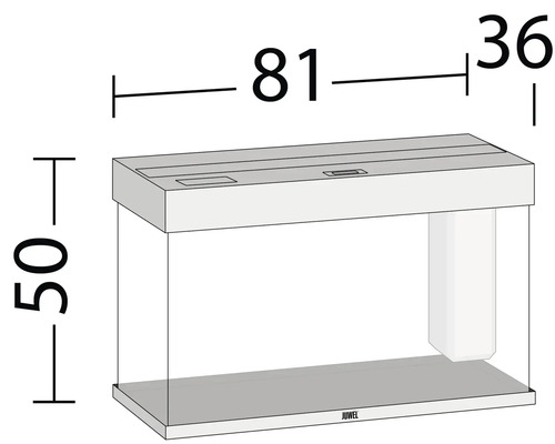Imagine cu un acvariu cu dimensiunile: 50 cm înălțime, 81 cm lungime și 36 cm lățime.