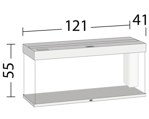 Imagine cu dimensiunile unui acvariu Juwel: 121 cm lungime, 55 cm înălțime, 41 cm adâncime