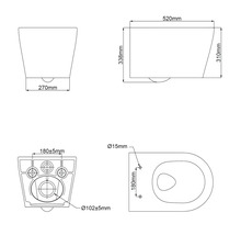 Desen tehnic al unui vas de toaletă suspendat cu dimensiuni