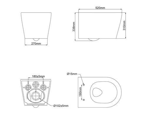 Desen tehnic al unui vas de toaletă suspendat cu dimensiuni