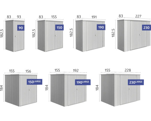 Diverse dimensiuni de dulapuri metalice cu lățimi de 90 cm, 150 cm, 190 cm și 230 cm
