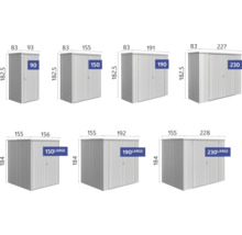 Imagine cu diverse dulapuri de grădină cu indicații de dimensiuni