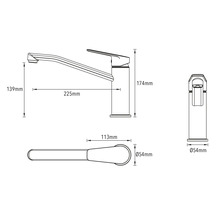 Desen tehnic al unei baterii de bucătărie cu dimensiuni