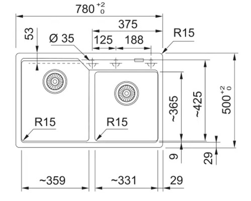 Desen tehnic al unei chiuvete cu dimensiuni