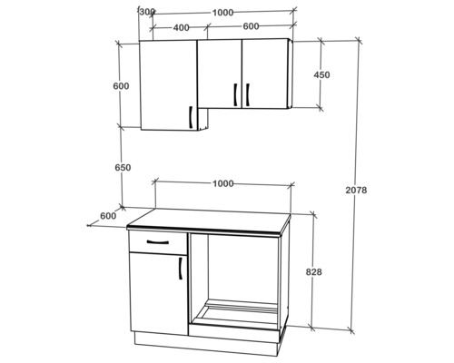 Schiță a unui set de bucătărie cu dimensiuni.