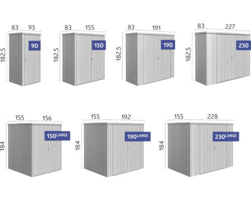 Diverse dimensiuni ale caselor de grădină metalice cu indicații de dimensiuni