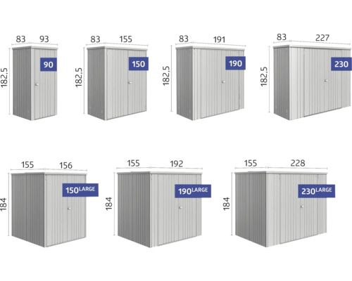 Diverse dimensiuni ale magaziilor de grădină metalice cu indicații de măsurare