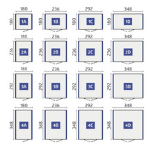 Diagramă cu dimensiuni pentru diferite produse.