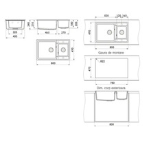 Desen tehnic al unei chiuvete cu cuvă dublă și dimensiuni