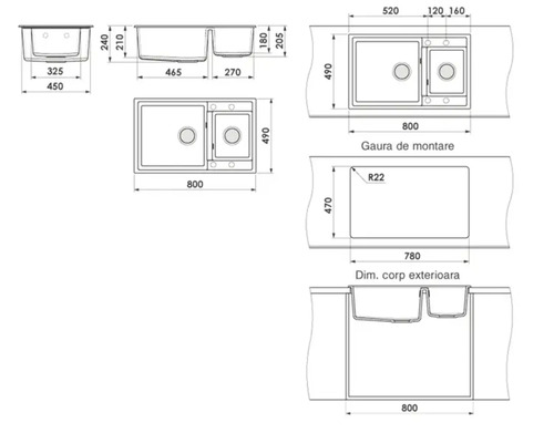 Desen tehnic cu o chiuvetă cu două cuve și dimensiuni