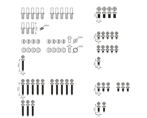 Desen tehnic cu șuruburi, dibluri și șaibe cu dimensiuni