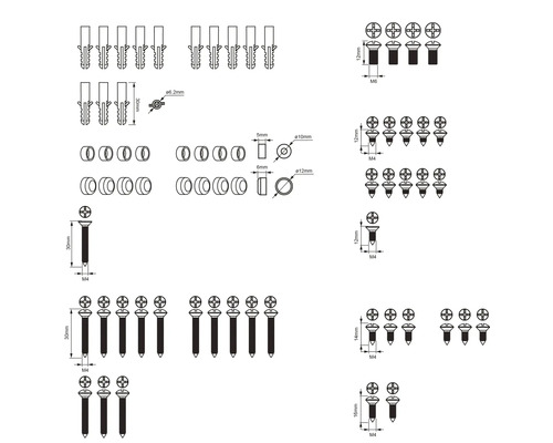 Desen tehnic cu dibluri, șuruburi și șaibe cu dimensiuni
