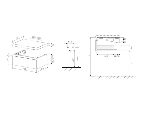Desen tehnic al unui dulap de bază pentru chiuvetă cu dimensiuni