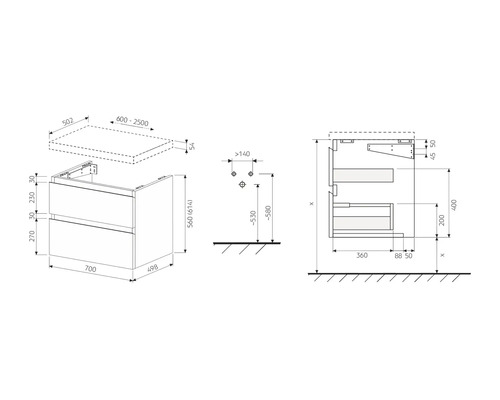 Desen tehnic al unui dulap de bază pentru chiuvetă cu dimensiuni