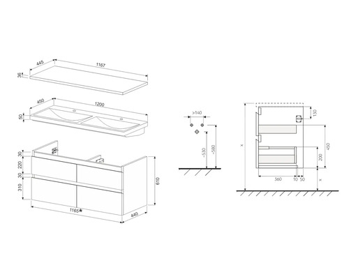 Desen tehnic al unui set de mobilier de baie cu dimensiuni