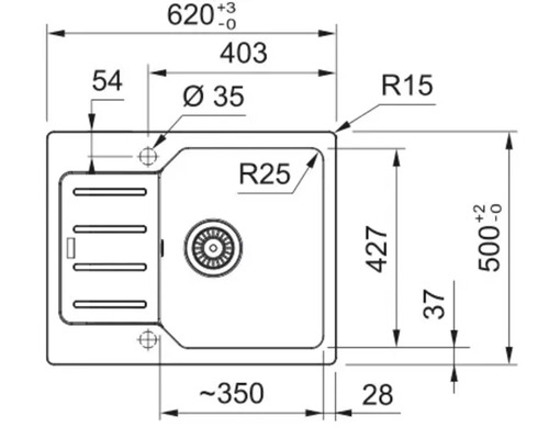 Desen tehnic al unei chiuvete cu dimensiuni