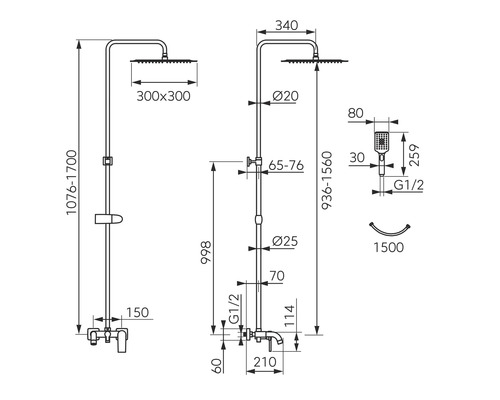 Desen tehnic al unui set de duș cu dimensiuni