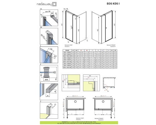Desen tehnic al cabinei de duș Radaway EOS KDS I cu dimensiuni