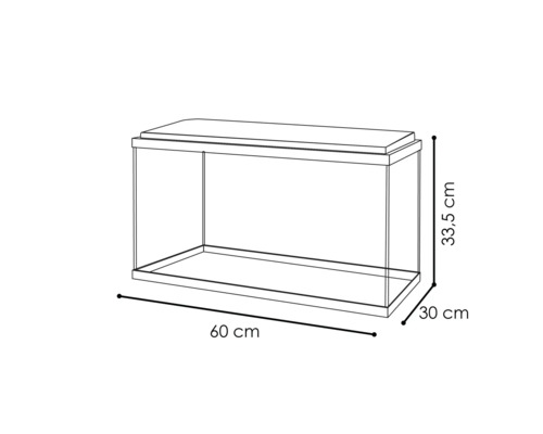 Acvariu cu dimensiunile de 60 cm lungime, 30 cm lățime și 33,5 cm înălțime