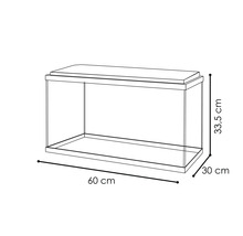 Acvariu cu dimensiunile 60 cm lungime, 30 cm lățime și 33,5 cm înălțime.