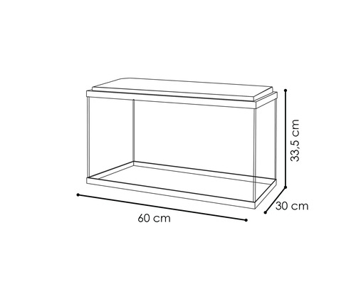 Acvariu cu dimensiunile 60 cm lungime, 30 cm lățime și 33,5 cm înălțime.