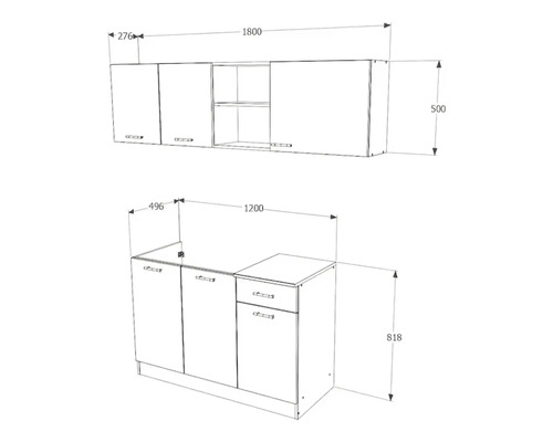 Desen cu dimensiunile unui set de mobilier de bucătărie.