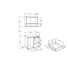 Desen tehnic al unui set de mobilier de baie cu dimensiuni