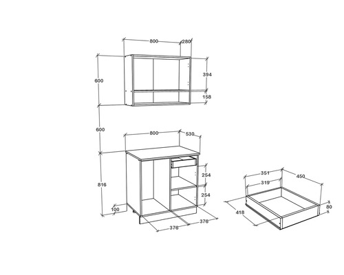 Desen tehnic al unui set de mobilier de baie cu dimensiuni