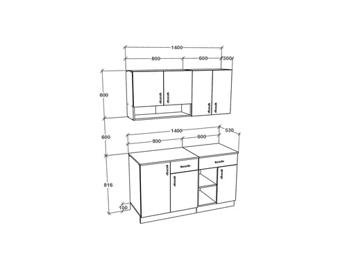 Desen tehnic al unui corp de bucătărie cu dimensiuni.