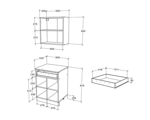Desen tehnic al unui dulap de bucătărie cu sertar, corp superior și indicații de dimensiuni