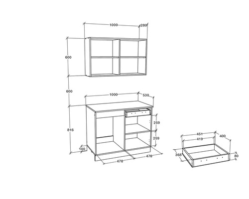 Desen tehnic al unui set de mobilier de baie cu dimensiuni
