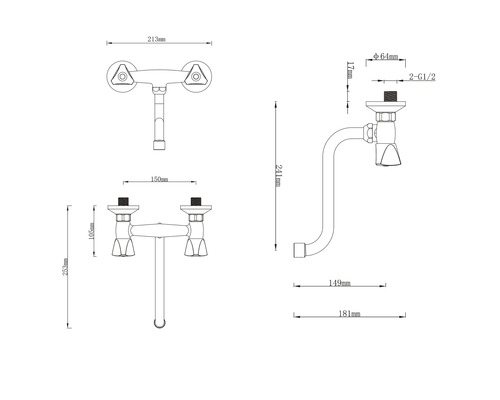 Desen tehnic al unui robinet cu dimensiuni.