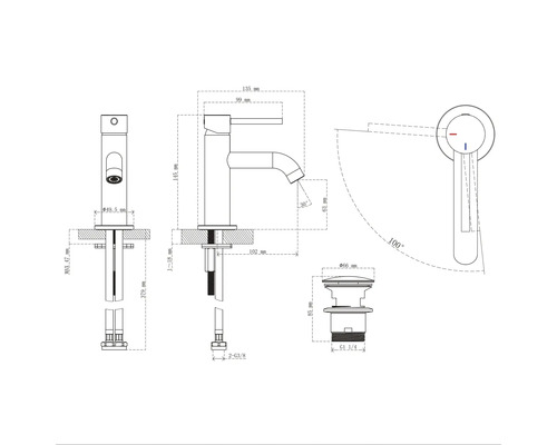 Desen tehnic al unui robinet de lavoar cu dimensiuni